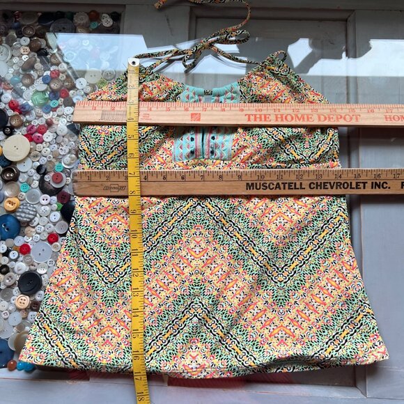 Nanette Lepore Chevron Floral Halter Top Size Medium Tank Yellow Green Retro Y2K - Picture 6 of 7